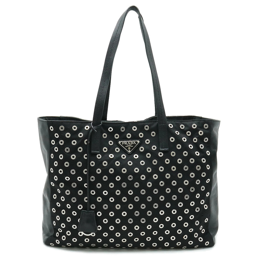 Prada Grommet Tote Bag Shoulder Studs Leather NERO Black